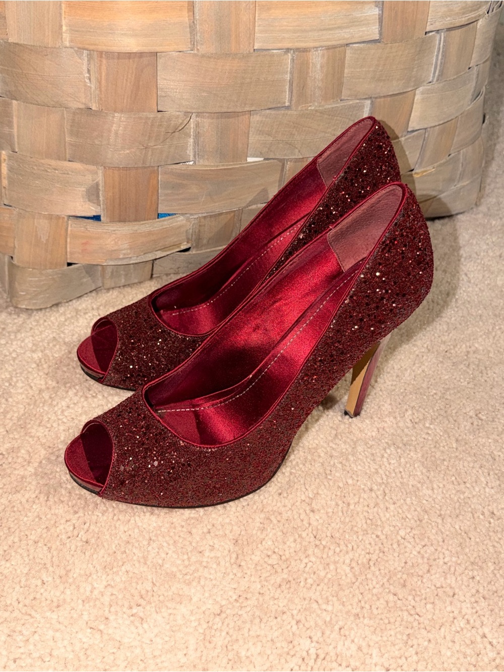 Nine West Red Glitter Peep-Toe High Heels